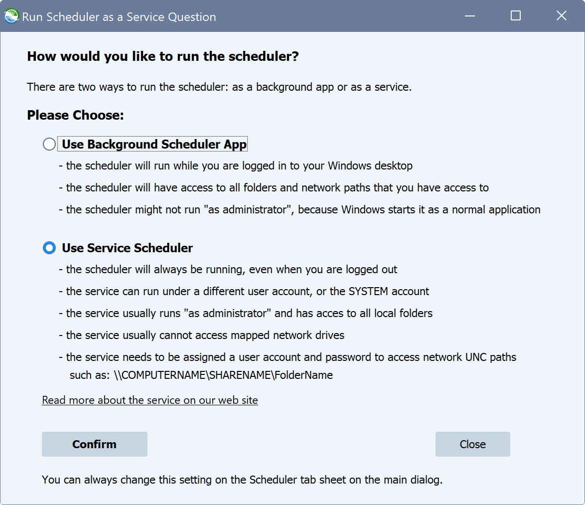 Scelte del servizio Syncovery
