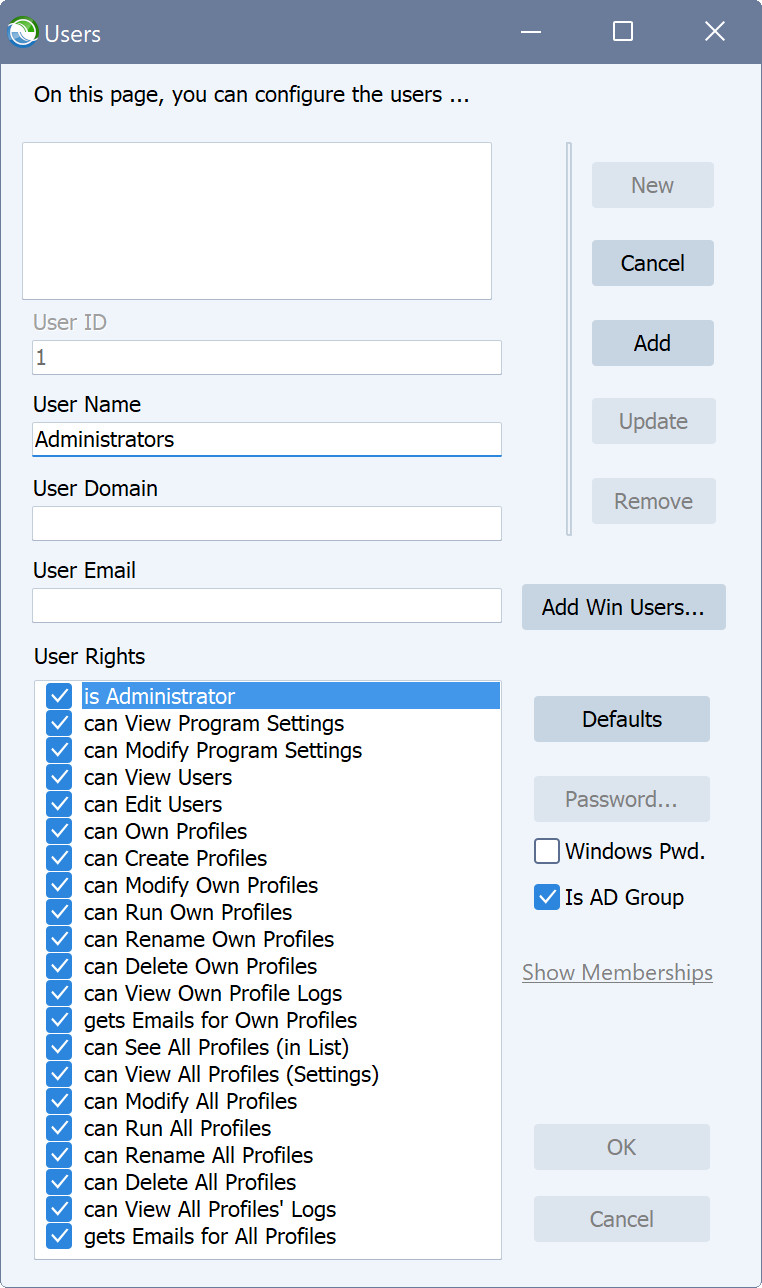 A screenshot showing how the Administrators group is added to Syncovery's internal user management.
