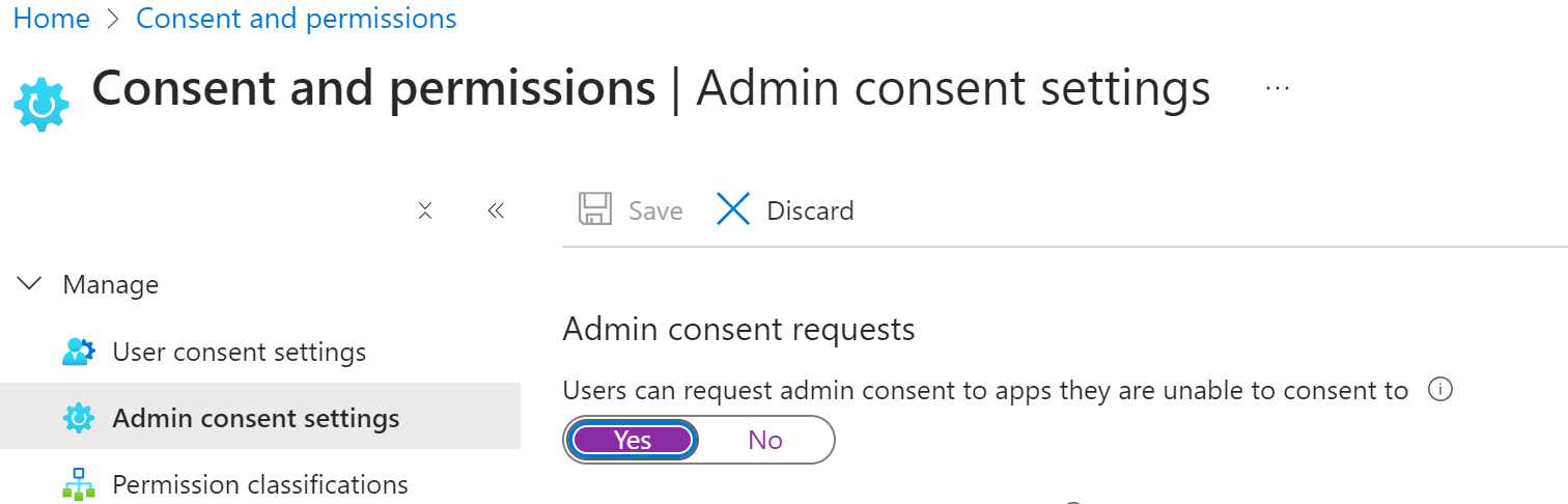 Uno screenshot che mostra come consentire le richieste di consenso amministratore nel portale Azure.