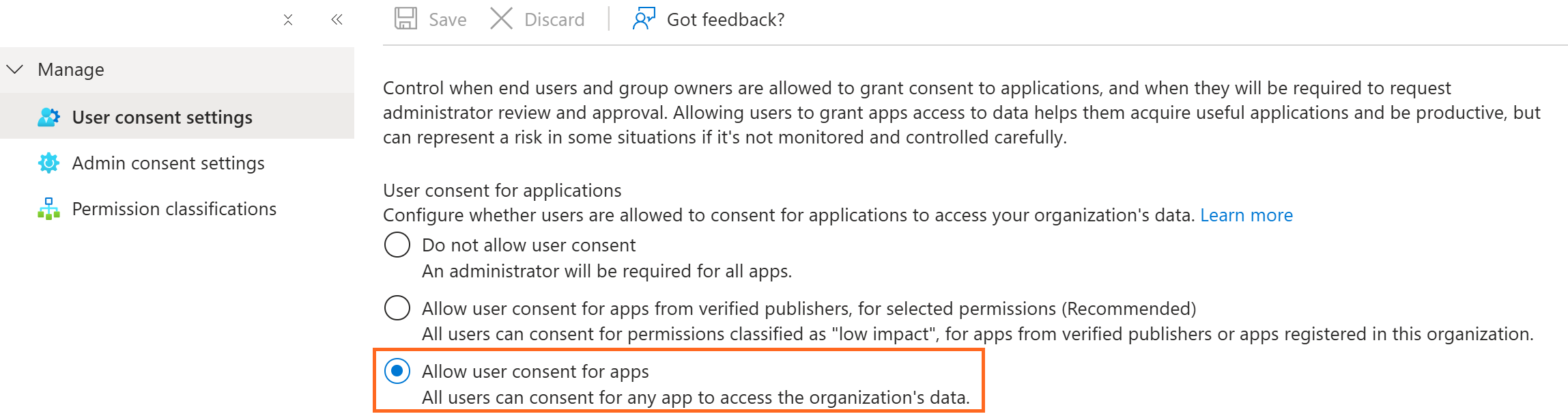 Screenshot showing how to allow users consent to Sharepoint apps.