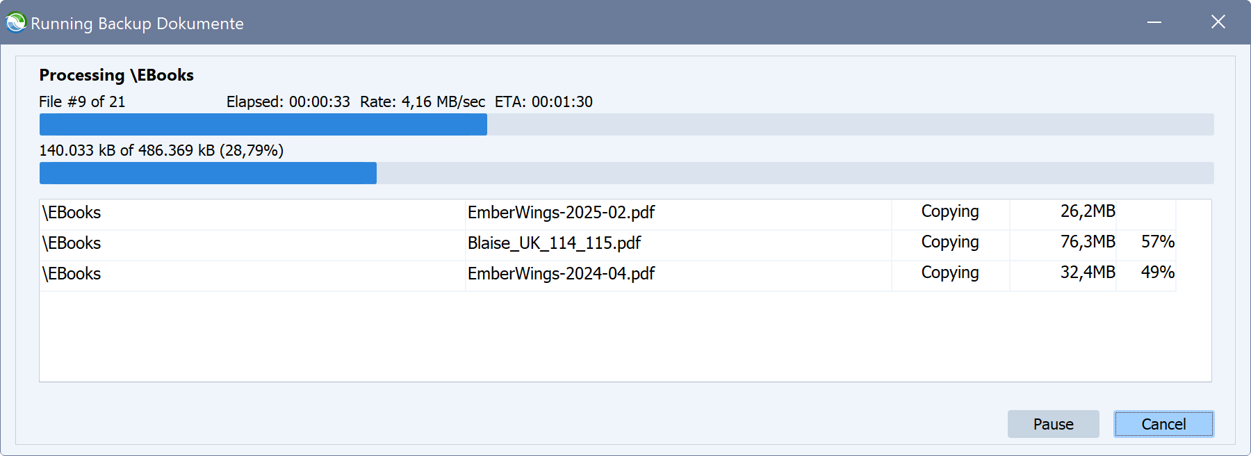 Il software di backup Syncovery mostra la finestra di dialogo dell'avanzamento della sincronizzazione.